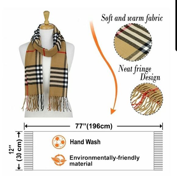 Plaid Cashmere Feel Soft Luxurious Scarf Camel - 72" x 12" with 3" Fringes - Picture 4 of 4